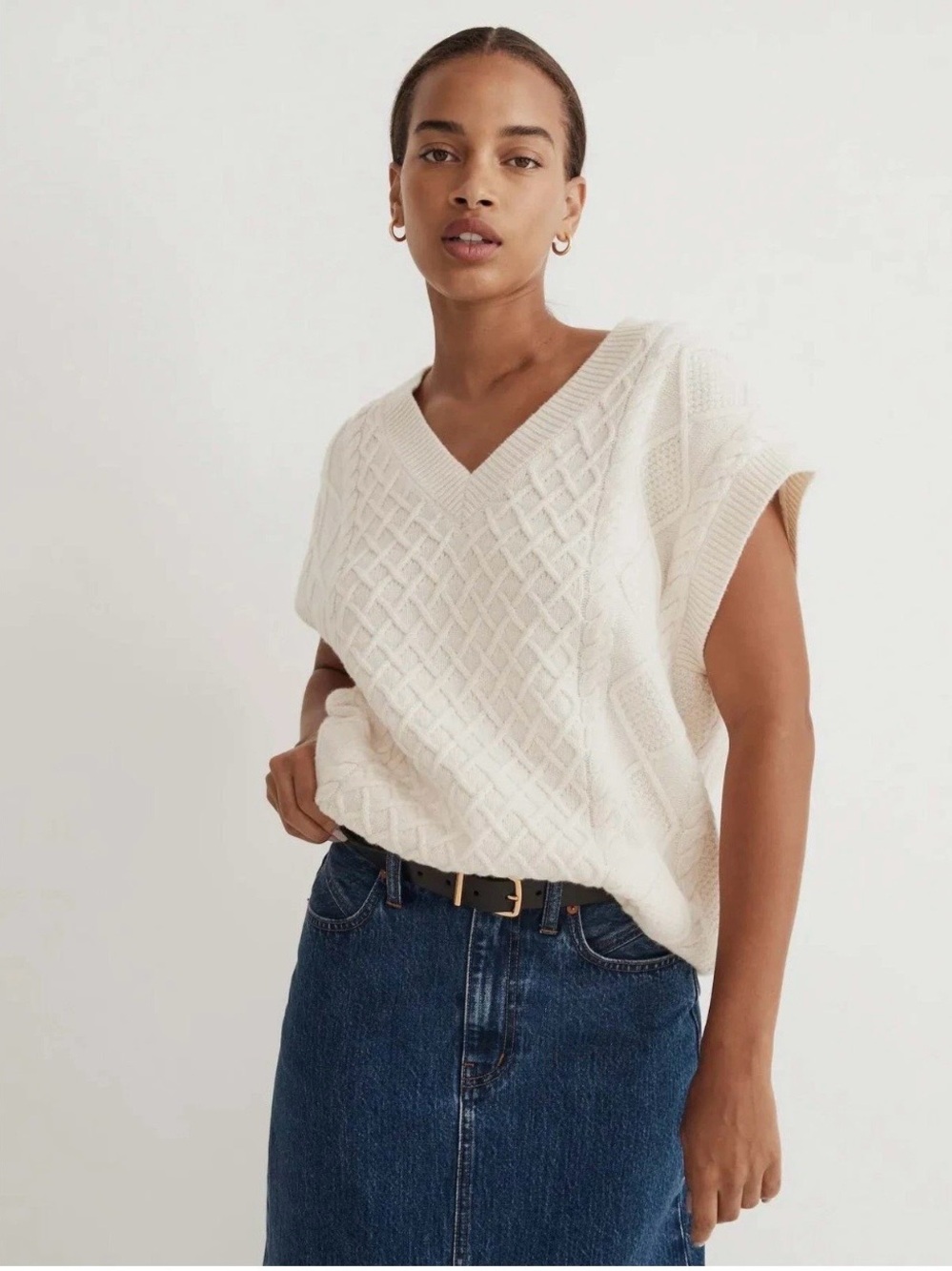 Madewell Wool Blend Cable Knit Sweater Vest Ivory Size M Preppy Soft Cozy